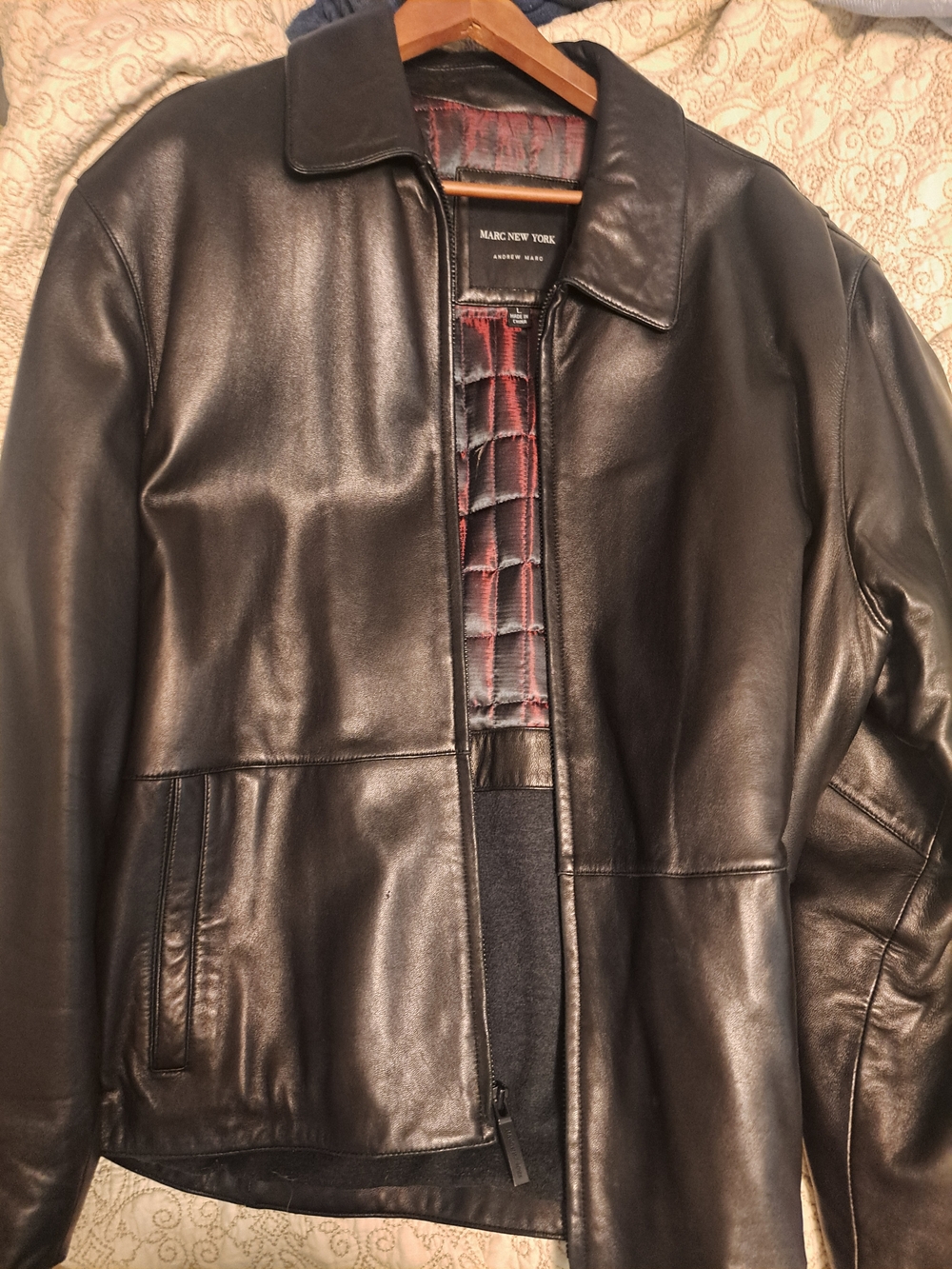 High-quality 600$ Marc New York Black Leather Bomber Jacket with Red Lining